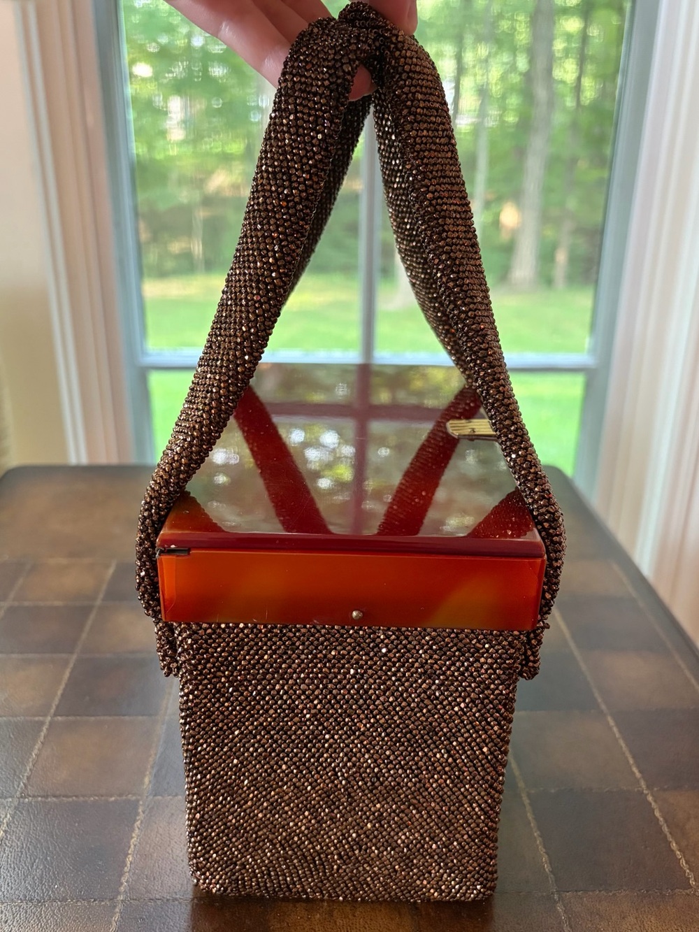 1940’s Antique Vintage Beaded Brown Top-Handle Evening Bag with Gold Clasp - Picture 2 of 12